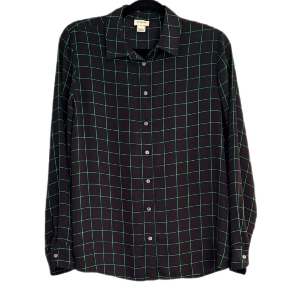 J.Crew Small Black Green Windowpane Button Front Long Sleeve Blouse